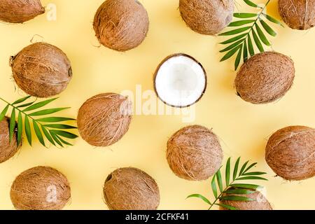 Muster mit Kokosnüssen und tropischen Palmenblättern auf gelbem Hintergrund. Tropischer abstrakter Hintergrund. Flach liegend, Draufsicht. Stockfoto
