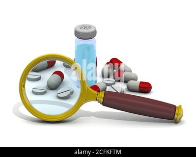 Suchen Sie nach Medikamenten. Lupe und Medikamente auf einer weißen Oberfläche. Das Konzept des Suchens und Studierens von Medikamenten. 3D-Illustration Stockfoto