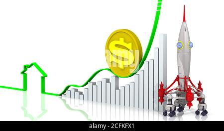 Steigende Immobilienpreise im US-Dollar. Diagramm des schnellen Wachstums mit der Kontur des Hauses, Golddollar-Münze und ein Raumschiff Stockfoto