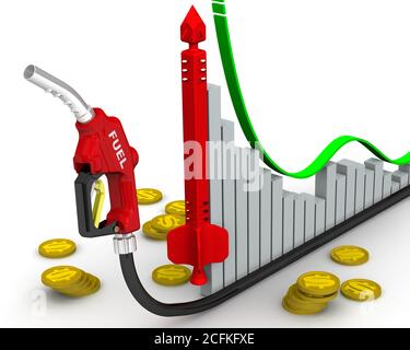 Änderungen der Kraftstoffpreise. Grafik des schnellen Wachstums mit Treibstoffdüse, konzeptuelle rote Rakete und Münzen mit dem Symbol des US-Dollars Stockfoto