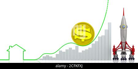 Steigende Immobilienpreise im US-Dollar. Diagramm des schnellen Wachstums mit der Kontur des Hauses, Golddollar-Münze und ein Raumschiff Stockfoto