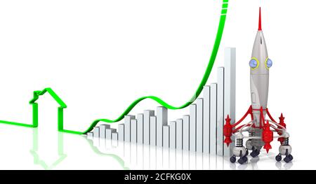 Steigende Immobilienpreise. Diagramm des schnellen Wachstums mit der Kontur des Hauses und eines Raumschiffs. Finanzkonzept. 3D-Illustration Stockfoto