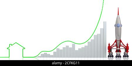 Steigende Immobilienpreise. Diagramm des schnellen Wachstums mit der Kontur des Hauses und eines Raumschiffs. Finanzkonzept. 3D-Illustration Stockfoto