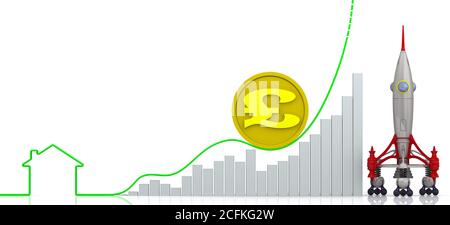 Grafik des schnellen Wachstums mit der Kontur des Hauses, eine Münze mit dem Symbol des britischen Pfund Sterling und eine Rakete. 3D-Illustration Stockfoto