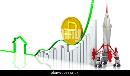 Steigende Immobilienpreise. Grafik des schnellen Wachstums mit der Kontur des Hauses, eine goldene Münze mit Symbol des russischen Rubel und eine Rakete Stockfoto