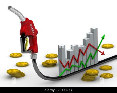 Änderungen der Kraftstoffpreise. Diagramm der Änderungen der Kraftstoffpreise, der Tankdüse und der Münzen mit dem Symbol des US-Dollars. Finanzkonzept Stockfoto