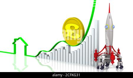 Grafik des schnellen Wachstums mit der Kontur des Hauses, eine Münze mit dem Symbol des britischen Pfund Sterling und eine Rakete. 3D-Illustration Stockfoto