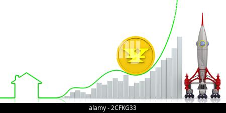 Grafik des schnellen Wachstums mit der Kontur des Hauses, eine Münze mit Symbol des chinesischen Yuan und eine Rakete. Finanzkonzept. 3D-Illustration Stockfoto