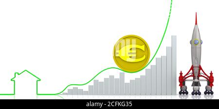 Steigende Immobilienpreise. Grafik des schnellen Wachstums mit der Kontur des Hauses, eine Goldmünze mit Symbol der europäischen Währung (Euro) und eine Rakete Stockfoto