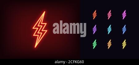 Leuchtreklame. Leuchtendes Neon-Gewitterschild, elektrischer Sturm in lebendigen Farben. Heller elektrischer Blitz, elektrische Leistung, Hochspannung. Symbolsatz, s Stock Vektor