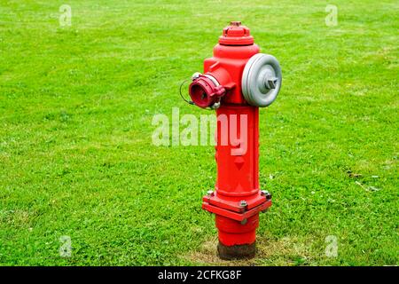 Der isolierte rote Hydrant sitzt in einem frisch geschnittenen Gras Ein Stockfoto
