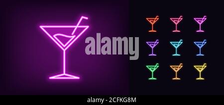 Neon-Cocktail-Symbol. Leuchtendes Neon martini-Schild, Cocktailparty in lebendigen Farben. Alkoholische Getränke, frische Spirituosen, tropische Bar. Symbolsatz, Zeichen, Stock Vektor