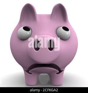 Traurige Mumps. Trauriges Schweinebank mit prall gefüllten Augen auf weißer Oberfläche. Vorderansicht. 3D-Illustration Stockfoto