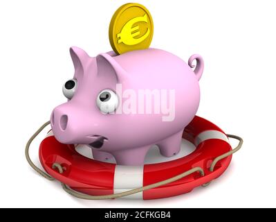 Schwein Sparschwein mit einer Münze der EU-Währung ist in der Rettungsboje. Das Konzept der Einlagenversicherung. 3D-Illustration Stockfoto