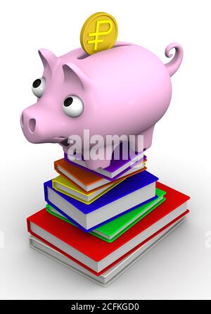 Schwein Sparschwein steht auf dem Stapel von Büchern mit Goldmünze des russischen Rubel. Das Konzept des Sparens beim Kauf von Büchern. 3D-Illustration Stockfoto