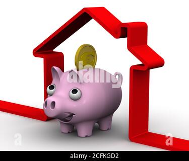 Einsparungen beim Kauf von Immobilien in Euro. Schweinebank mit einer Münze mit dem Symbol der europäischen Währung und dem roten Symbol des Hauses Stockfoto