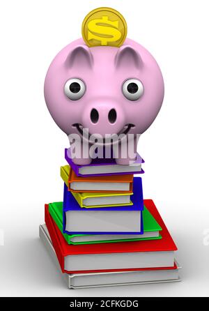 Rabatte auf den Kauf von Büchern. Schwein Sparschwein steht auf einem Stapel von Büchern. Das Konzept des Sparens beim Kauf von Büchern. 3D-Illustration Stockfoto