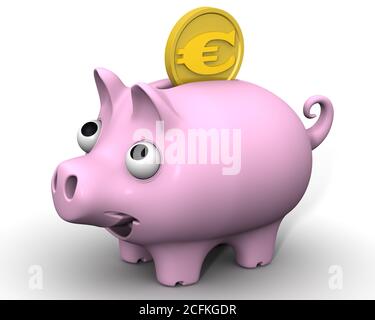 Schwein Sparschwein mit Euro-Münze. Schweinebank und eine Goldmünze mit dem Symbol der europäischen Währung. 3D-Illustration Stockfoto