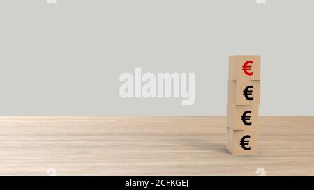 € Euro-Zeichen Symbol Wort Holzwürfel auf Tisch vertikal über grauem Hintergrund HD, Mock up, Vorlage, Banner mit Platz für Text kopieren, Risikomanagement Stockfoto