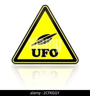 Warnschild mit fliegender Untertasse Symbol und Wort UFO (nicht identifiziertes fliegendes Objekt). 3D-Illustration Stockfoto