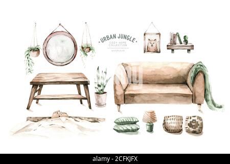 Aquarell trendige Interieur Bohemian Hintergrund mit Mitte Jahrhundert moderne Möbel. Einrichtung im Innenbereich. Gemütliches Wohnzimmer mit Zimmerpflanze, Urbun Stockfoto