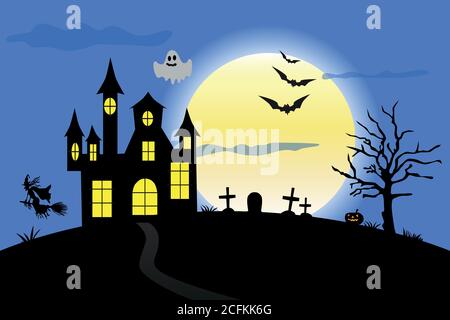 Silhouette von ängstlichen Haus, Friedhof, Geist und Fledermäuse auf dem Hintergrund des Vollmondes - Illustration für Halloween Stock Vektor