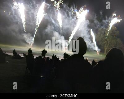 Schwarze Silhouetten des Publikums, die die strahlend weißen Illuminationen am Nachthimmel bei einem Feuerwerk beobachten. Stockfoto