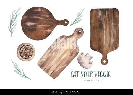 Satz von Aquarell Küche Holz Schneidebretter. Handgezeichnete Illustration für Küchenposter. Restaurant Bord Menü skandinavischen Stil Kit Design Stockfoto