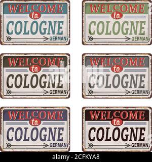 Vintage Blechschild Kollektion mit Köln. Retro-Souvenirs oder Postkarten-Vorlagen auf Rost-Hintergrund. Stock Vektor