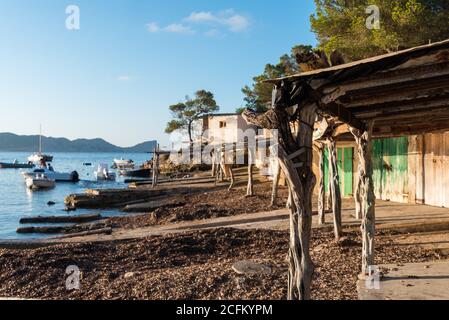 Malerische Landschaft der alten Bucht in der Nähe des Meeres mit festverankerten Booten Auf felsigen Ufer und Bäumen unter blauem Himmel in Sa Caleta Stockfoto