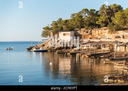 Malerische Landschaft der Bucht in der Nähe des Meeres mit felsigen Ufer und Bäume unter blauem Himmel in Sa Caleta Stockfoto