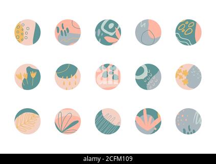 Abdeckungsset hervorheben. Organische Formen Design-Elemente für Social-Media-Geschichte. Einzigartige handgezeichnete runde Vorlagen. Fashion Cover in Pastellfarben für Stock Vektor