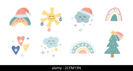 Cute Weihnachten Kinder Kinderzimmer Kollektion. Trendy handgezeichneter weihnachtsbaum, Regenbogen mit weihnachtsmütze, Sonne, Wolken mit Schneeflocken, Stern und Herz. Urlaub Stock Vektor