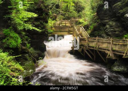 Die hölzerne Promenade innerhalb der bushkill Falls landschaftlich schönen Gegend in Pennsylvania im frühen Frühjahr. Stockfoto