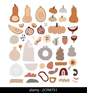 Set aus modernen abstrakten handgezeichneten Herbstelementen. Kürbisse, Kürbisgemüse, Granatapfelfrüchte und Blumen. Regenbogen und geometrische Objekte. Fallen Stock Vektor