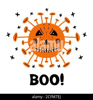 Halloween Hand gezeichnet Coronavirus Bakterien mit beängstigenden Gesicht und boo Wort. Isoliert auf weißem Hintergrund. Vektorgrafik. Stock Vektor