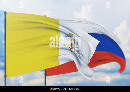 Winkende russische Flagge und Flagge der Vatikanstadt. Nahaufnahme, 3D-Illustration. Stockfoto