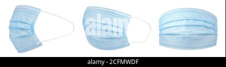 Persönliche Schutzausrüstung, PSA, medizinische Gesichtsmaske aus verschiedenen Winkeln auf weiß isoliert dargestellt. Stockfoto