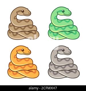 Cute Cartoon Schlange Zeichnung Set, verschiedene Farben. Kugelpython, Boa Constrictor, helle Tierschlange. Isolierte Vektor-Clip Art-Illustration. Stock Vektor