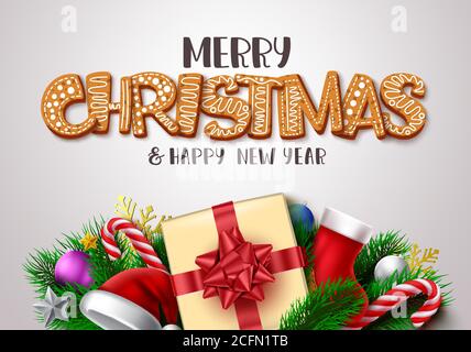 Weihnachten Vektor Banner Vorlage Design. Frohe weihnachten Grußtext in Lebkuchentypografie mit Weihnachtsdeko-Element und weißem Leerraum. Stock Vektor