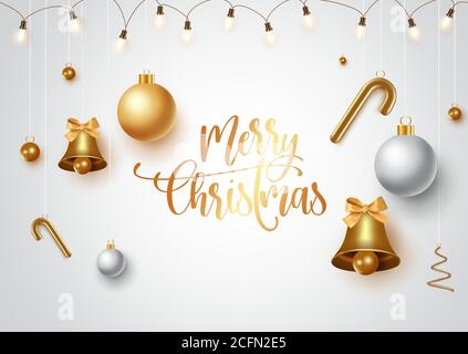 Frohe weihnachten Vektor-Banner-Vorlage. Frohe weihnachten Text in weiß leeren Raum für Nachrichten mit hängenden Weihnachten Dekor-Elemente in weißem Hintergrund. Stock Vektor