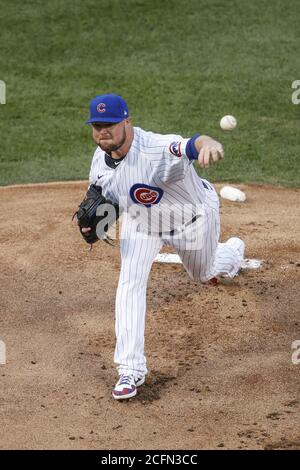 Chicago, Usa. September 2020. Chicago Cubs Startkanister Jon Lester liefert gegen die St. Louis Cardinals in der ersten Inning auf Wrigley Field am Sonntag, 6. September 2020 in Chicago. Foto von Kamil Krzaczynski/UPI Credit: UPI/Alamy Live News Stockfoto