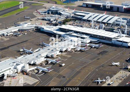 Inlandsterminal 2 und Terminal 3 am Flughafen Sydney. Luftaufnahme des Terminals für Inlandsflüge in Australien mit Virgin Australia und Qantas. Stockfoto