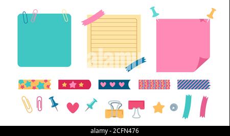 Büroelemente Planung Set Schreibwaren. Schuldesign-Elemente für Notizbuch, Tagebuch. Notizbuch mit Büroklammer, Stift, Wäscheklammer, Scotch Tape Collection. Leere Notizen Memo-Nachrichten. Isolierter Vektor Stock Vektor