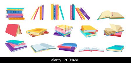 Buch Zeichentrickserie. Handgezeichnete leere Lehrbücher, Hardbacks, leere Seiten für die Bibliothek. Lesen, lernen und erhalten Bildung durch Bücher Sammlung. Vektorgrafik auf weißem Hintergrund Stock Vektor