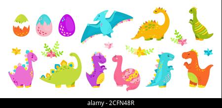 Dinosaurier Cartoon-Set. Reptile flache Sammlung, Raubtiere und Pflanzenfresser Dino. Lustige bunte Dinosaurier. Kinder Design für Stoff oder Textil. Vektorgrafik isoliert auf weißem Hintergrund Stock Vektor