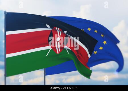 Flagge der Europäischen Union und Flagge Kenias schwenken. Nahaufnahme, 3D-Illustration. Stockfoto