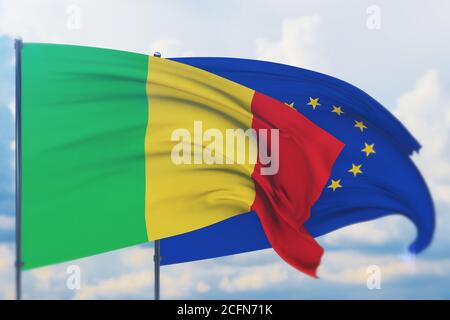 Flagge der Europäischen Union und Flagge Malis schwenken. Nahaufnahme, 3D-Illustration. Stockfoto