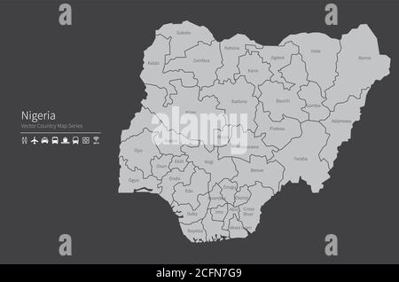 Nigeria-Karte. Nationale Karte der Welt. Grau gefärbte Länder Kartenserie. Stock Vektor