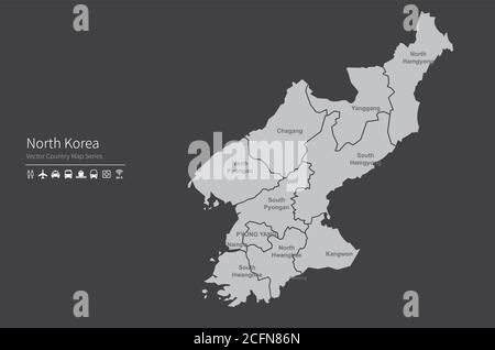 Nordkorea-Karte. Nationale Karte der Welt. Grau gefärbte Länder Kartenserie. Stock Vektor